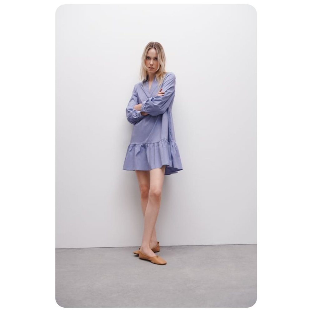 Zara Blue Long Sleeve Mini Shirt Dress w/ Collar sz xs